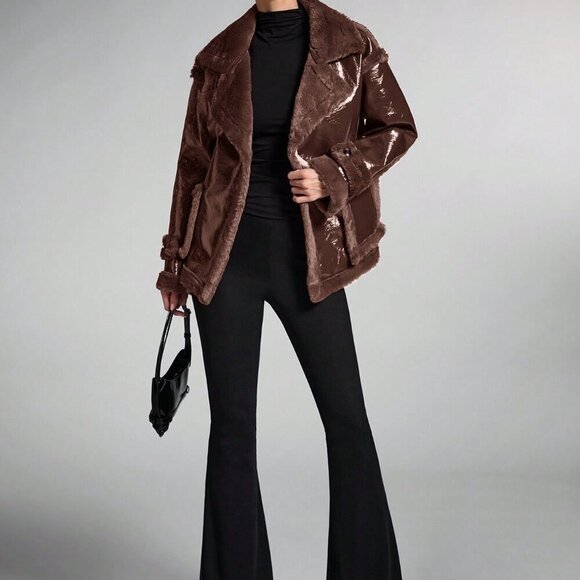 Coffee Brown Casual Women's faux fur detailed Long Sleeve faux Leather Jacket - Picture 2 of 7